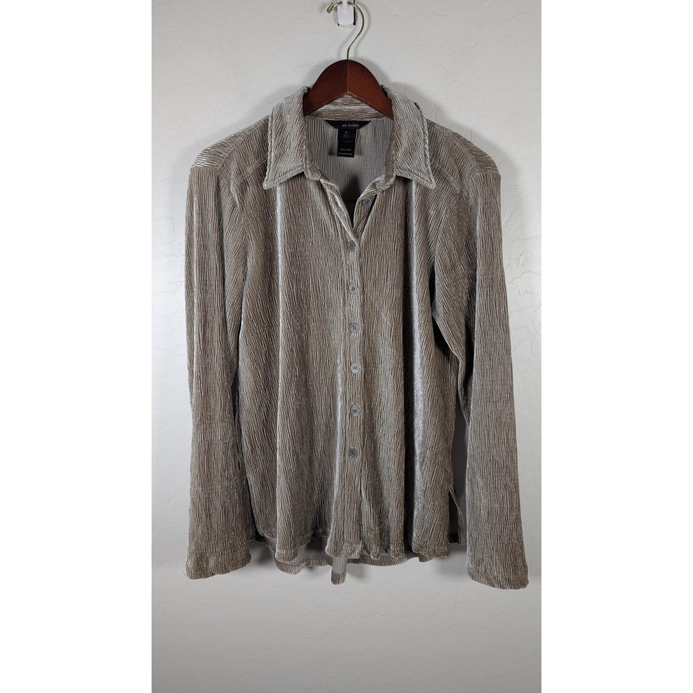 Ali Miles Shirt Womens Medium Beige Crinkle Velour Button Front Long Sleeve